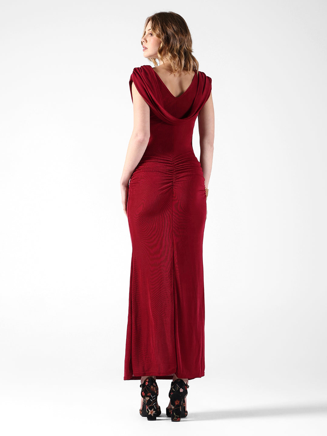 Women's Draped Red Cowl Neck Ruched Bodycon Dress