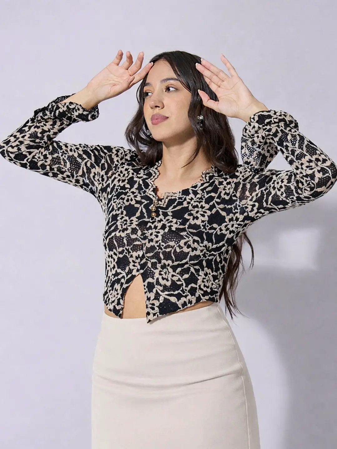 Women's Floral Lace Black Button Detail Crop Top - from SHOWOFFFF
