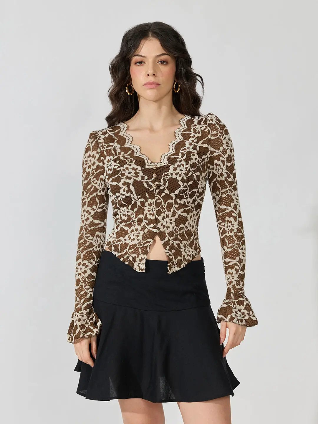 Women's Floral Lace Brown Long Sleeve Fitted Top