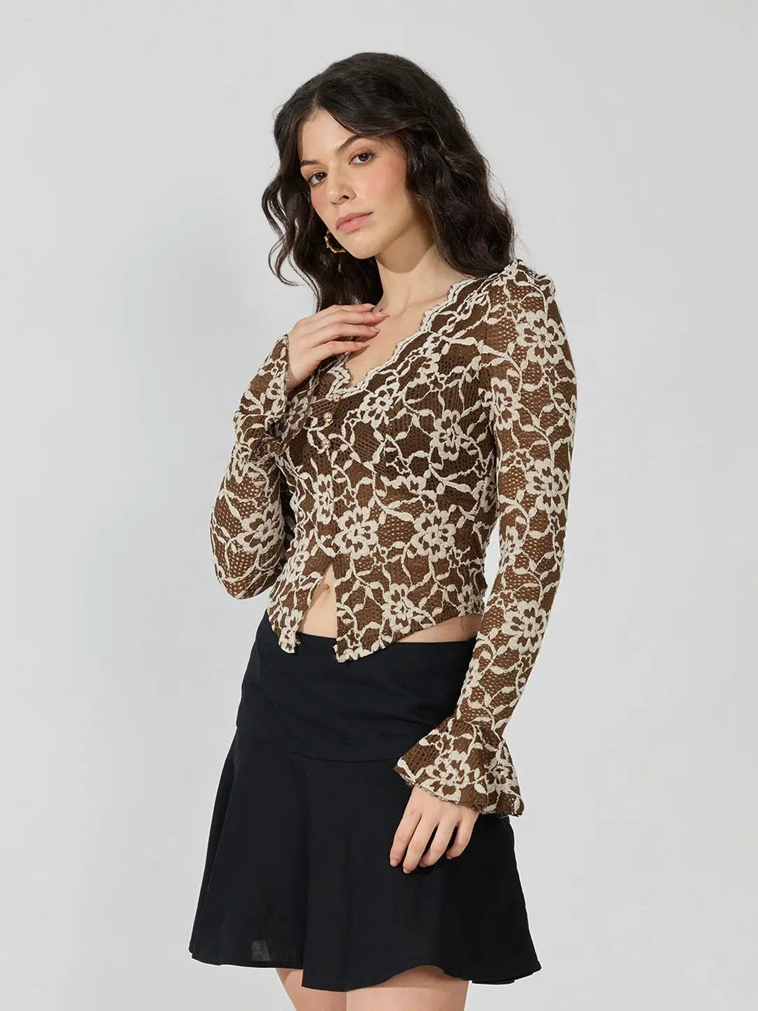 Women's Floral Lace Brown Long Sleeve Fitted Top