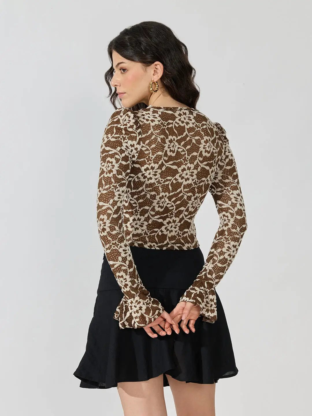 Women's Floral Lace Brown Long Sleeve Fitted Top
