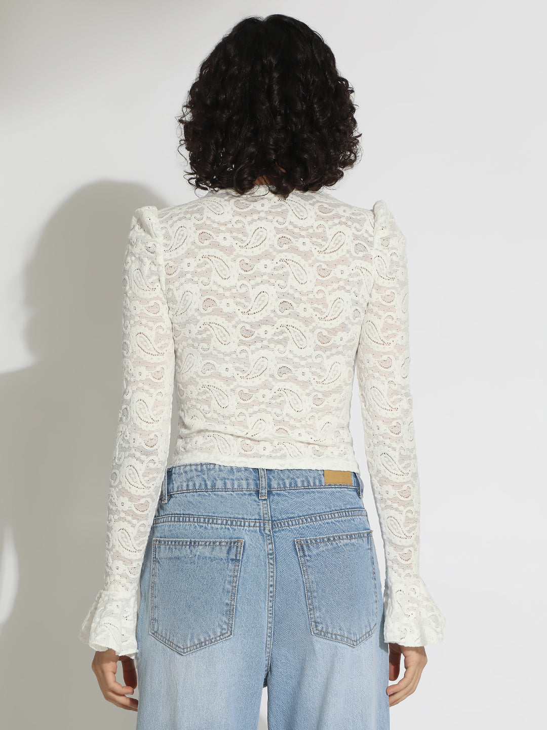 Women's Floral White Scallop V-Neck Sheer Lace Fitted Top