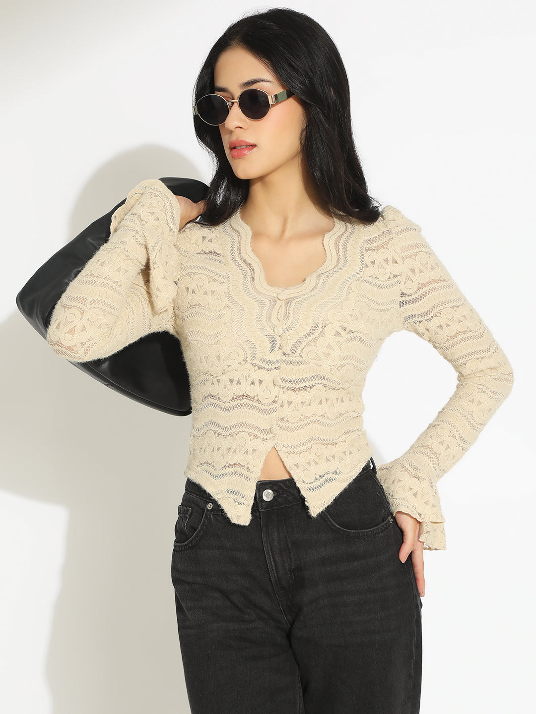 Women's Beige Scallop V-Neck Sheer Lace Fitted Top