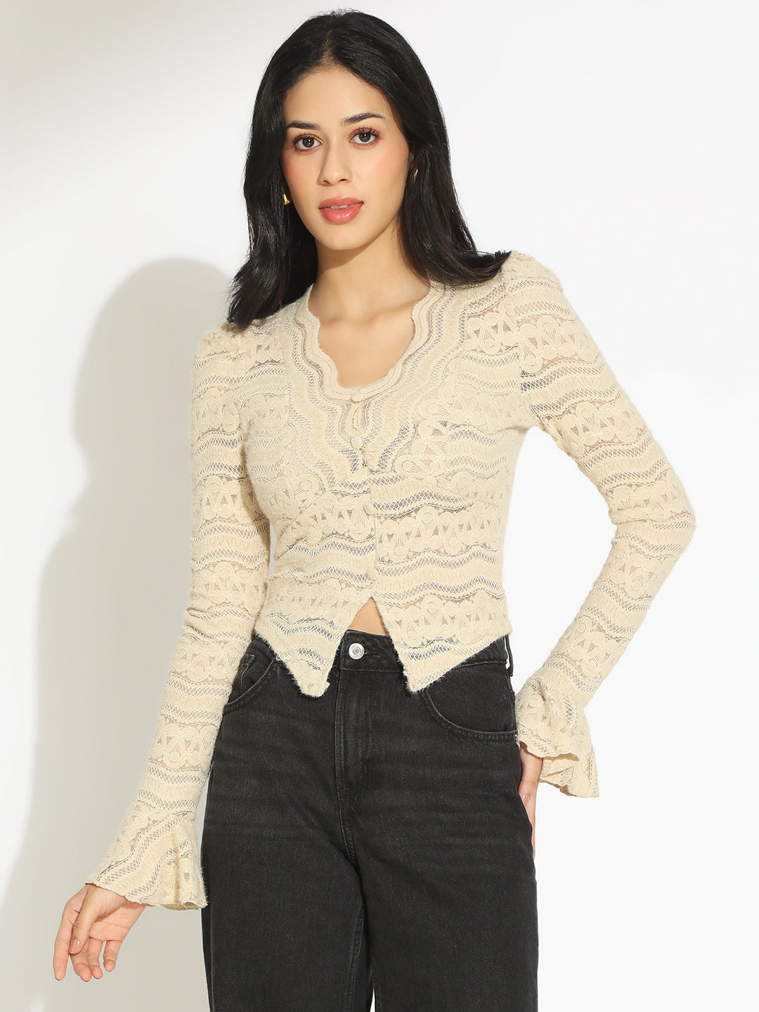 Women's Beige Scallop V-Neck Sheer Lace Fitted Top