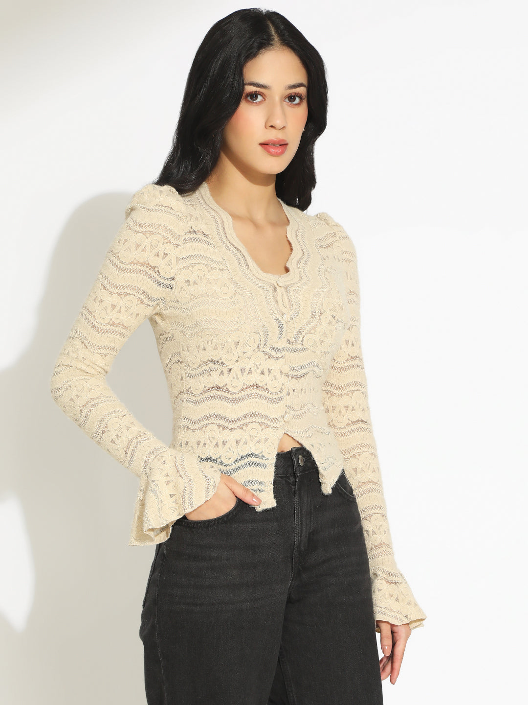 Women's Beige Scallop V-Neck Sheer Lace Fitted Top