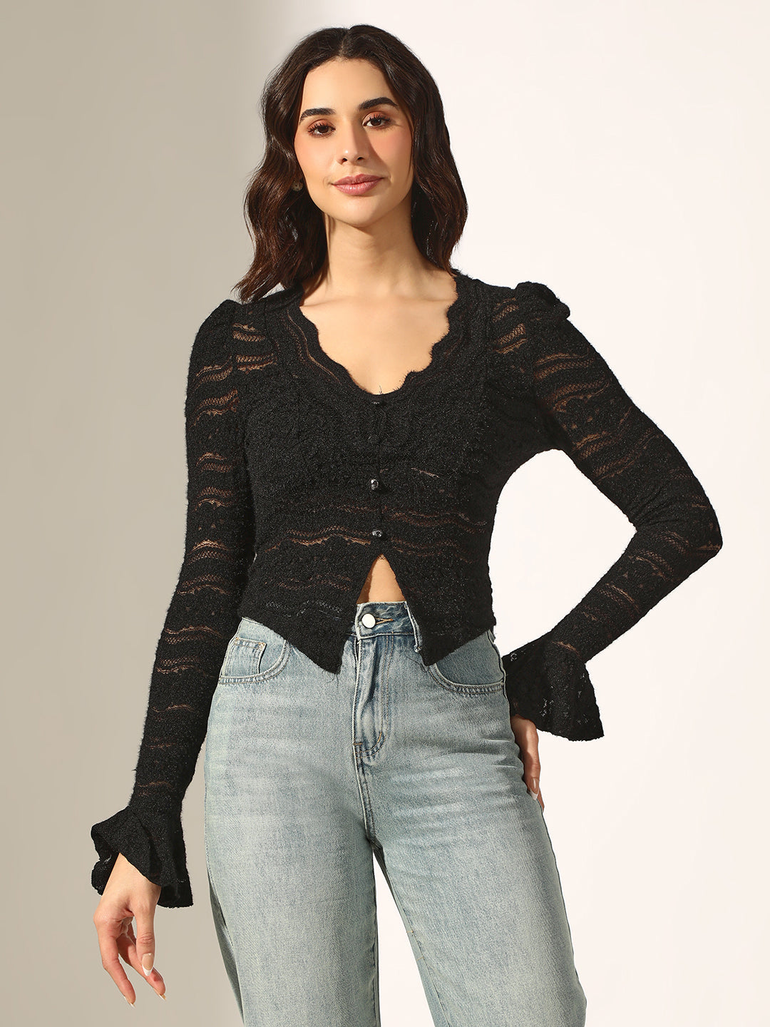 Women's Knit Black Sheer Long Sleeve Top with Scalloped Neckline