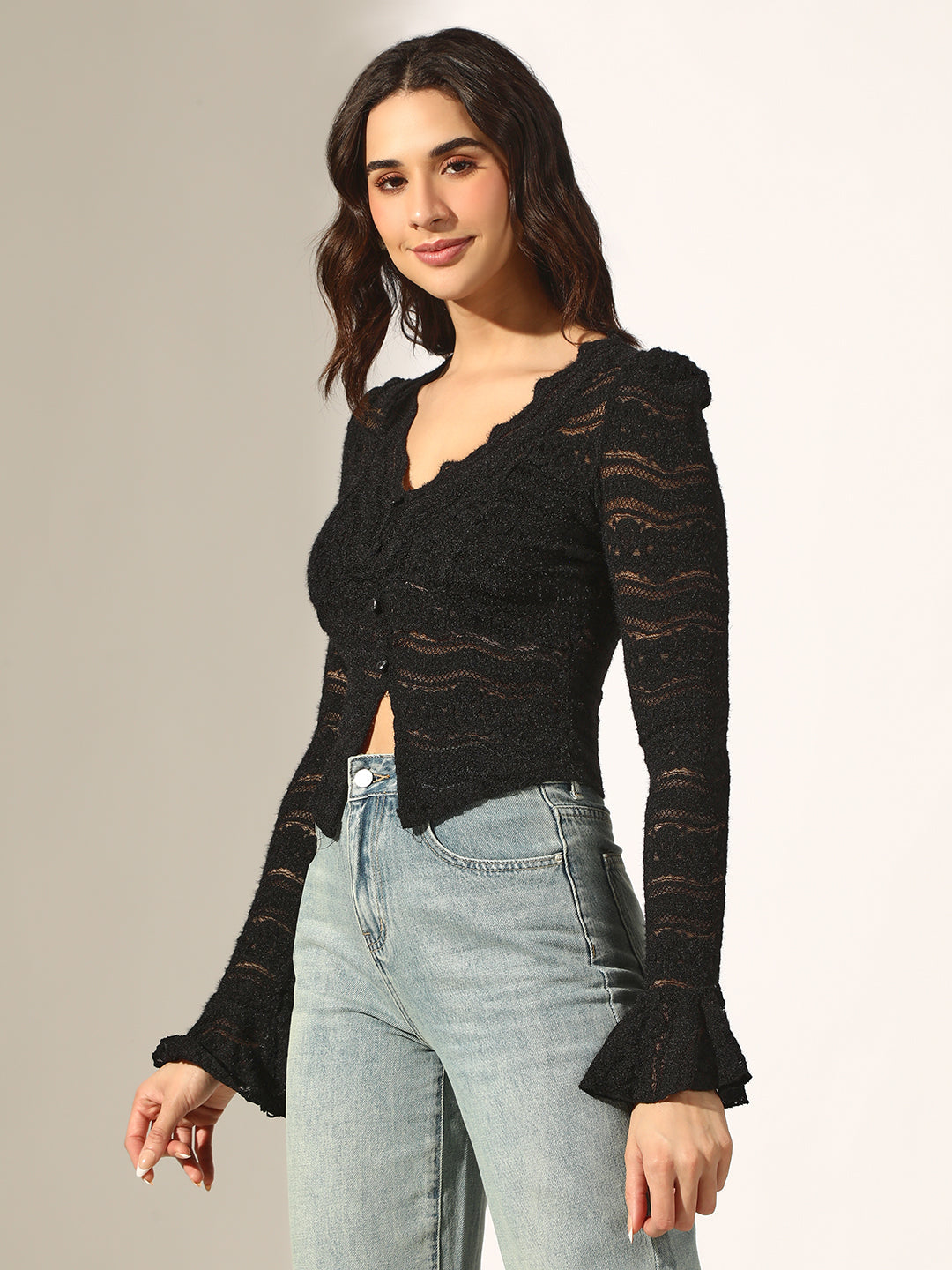 Women's Knit Black Sheer Long Sleeve Top with Scalloped Neckline
