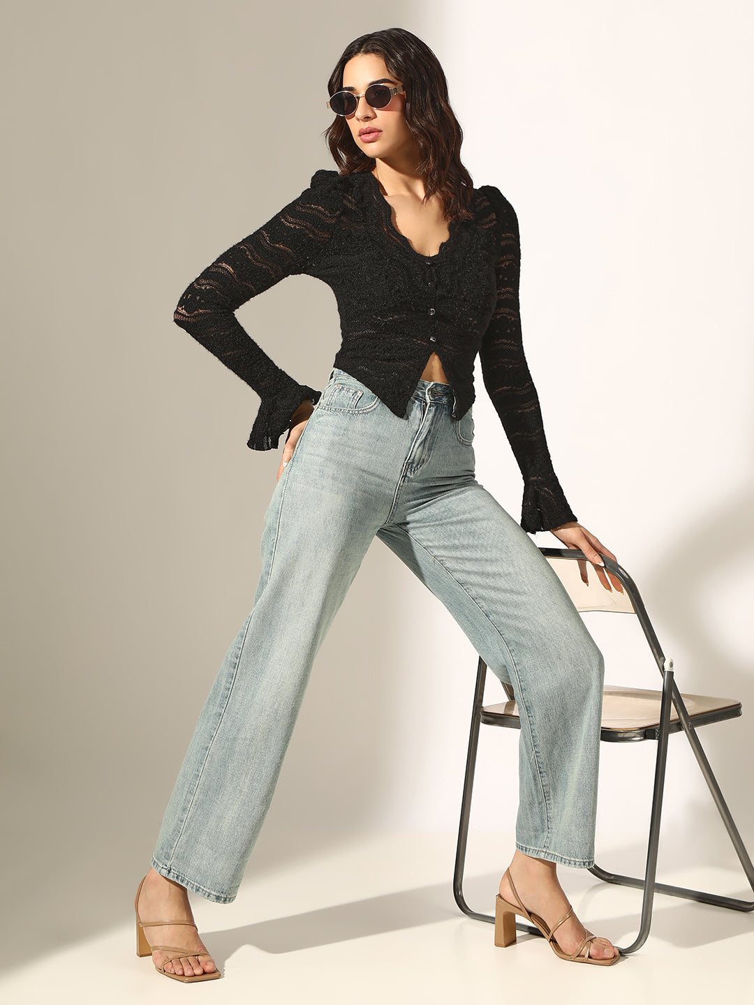 Women's Knit Black Sheer Long Sleeve Top with Scalloped Neckline