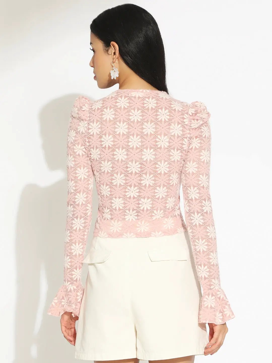 Women's Floral Pink Scallop V-Neck Sheer Lace Fitted Top - from SHOWOFFFF
