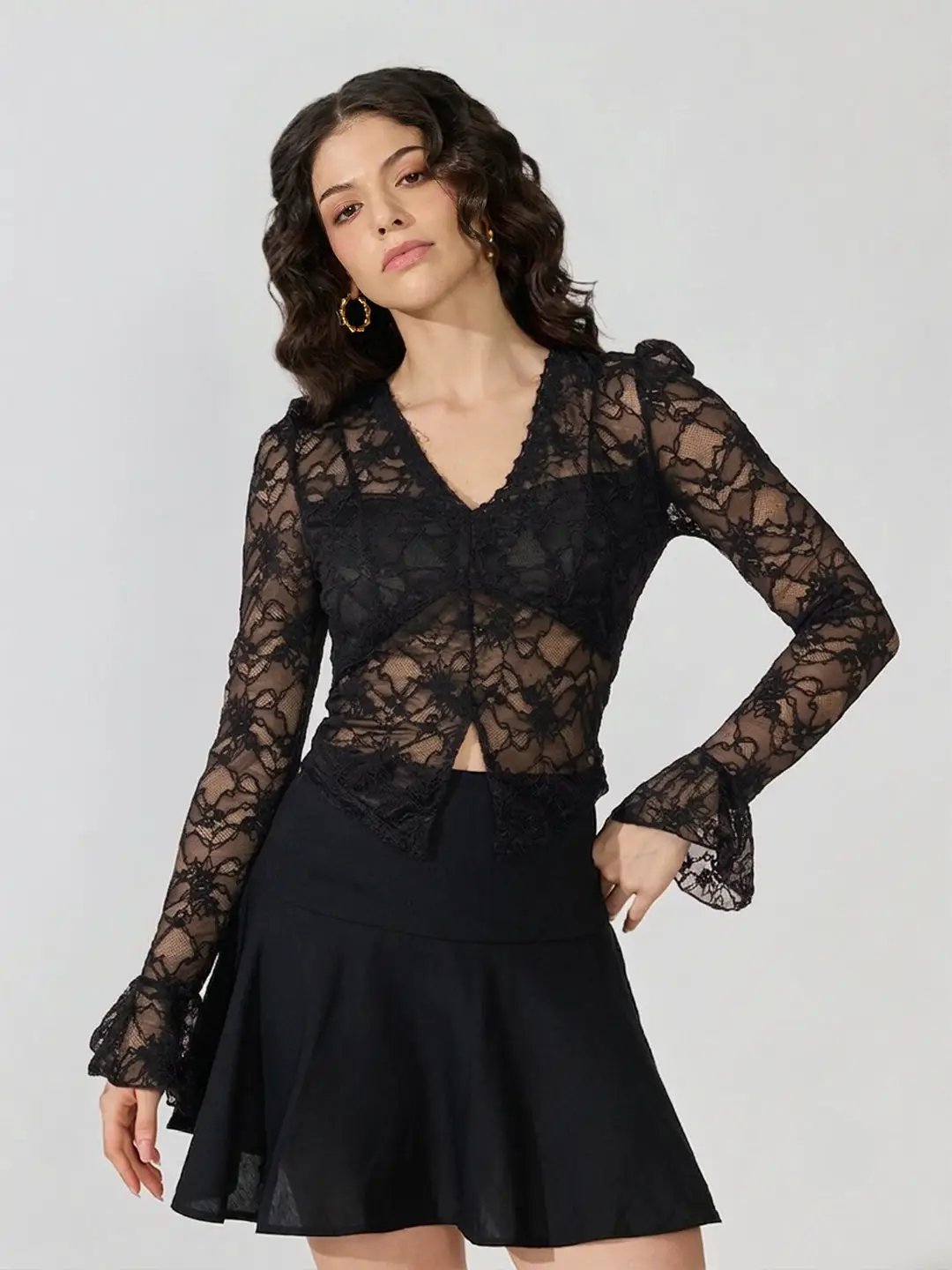 Women's Floral Black V-Neck Bell Sleeve Top - from SHOWOFFFF