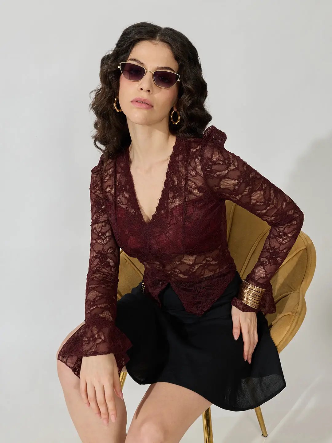 Women's Floral Brown V-Neck Bell Sleeve Top