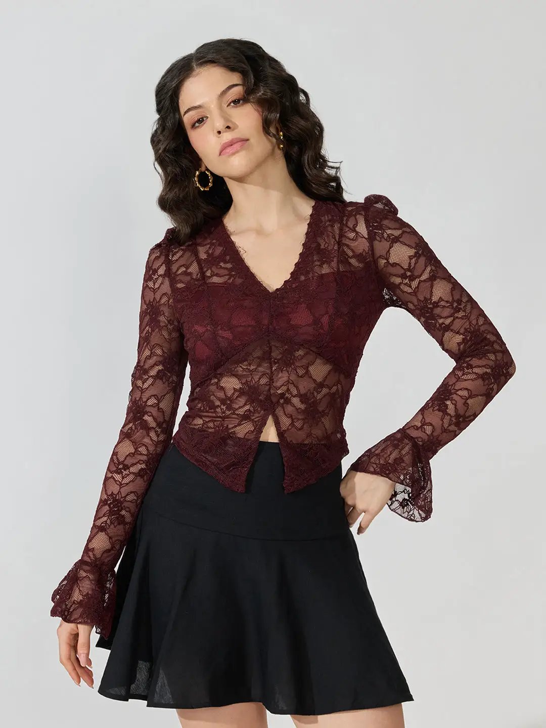 Women's Floral Brown V-Neck Bell Sleeve Top