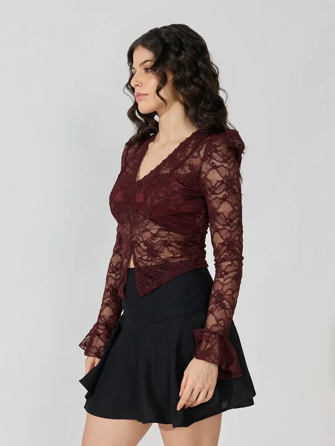 Women's Floral Brown V-Neck Bell Sleeve Top
