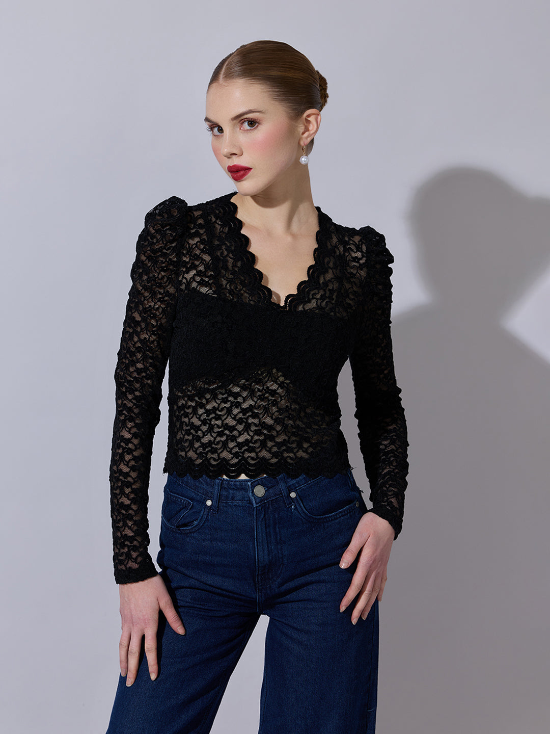 Women's Lace-Pattern Black Scalloped V-Neck Top