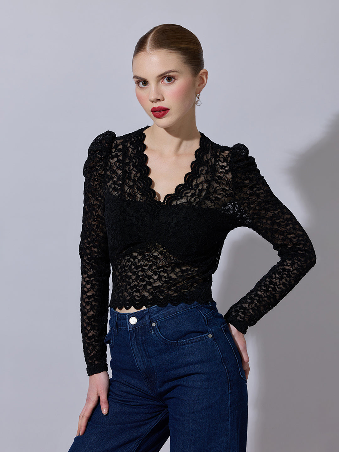 Women's Lace-Pattern Black Scalloped V-Neck Top
