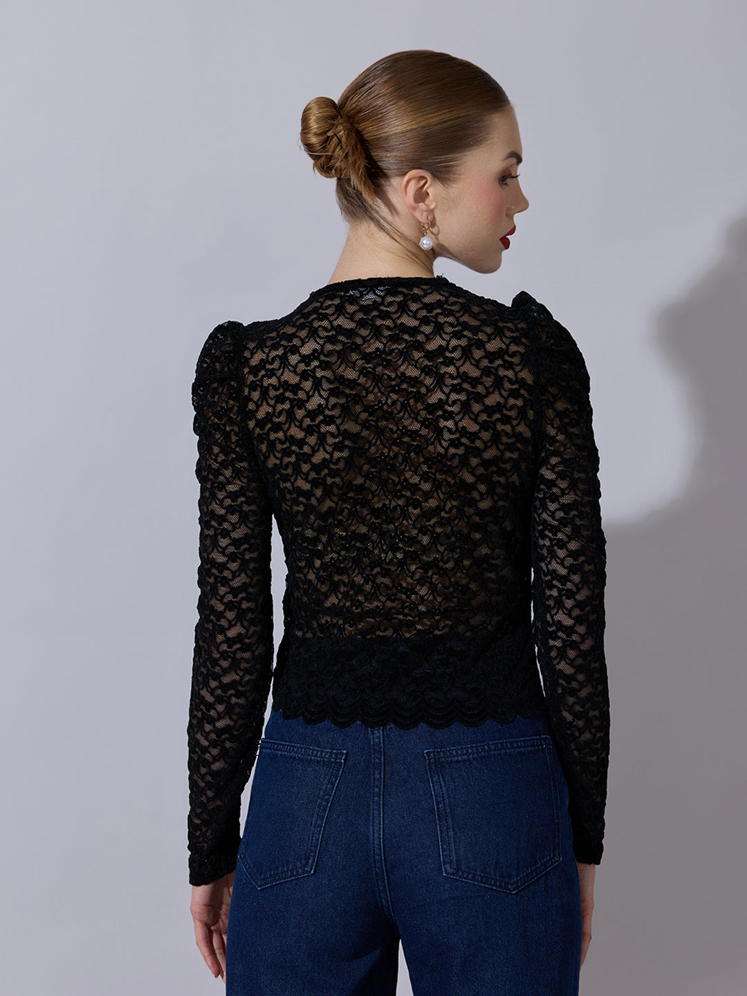 Women's Lace-Pattern Black Scalloped V-Neck Top