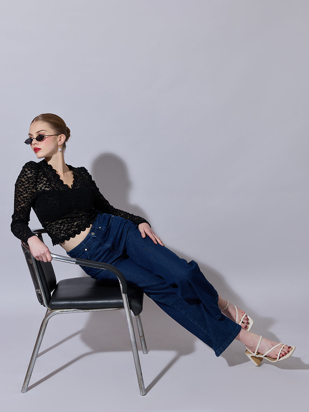 Women's Lace-Pattern Black Scalloped V-Neck Top