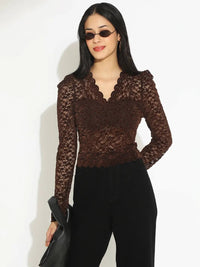 Women's Floral Brown Scallop V-Neck Sheer Lace Fitted Top