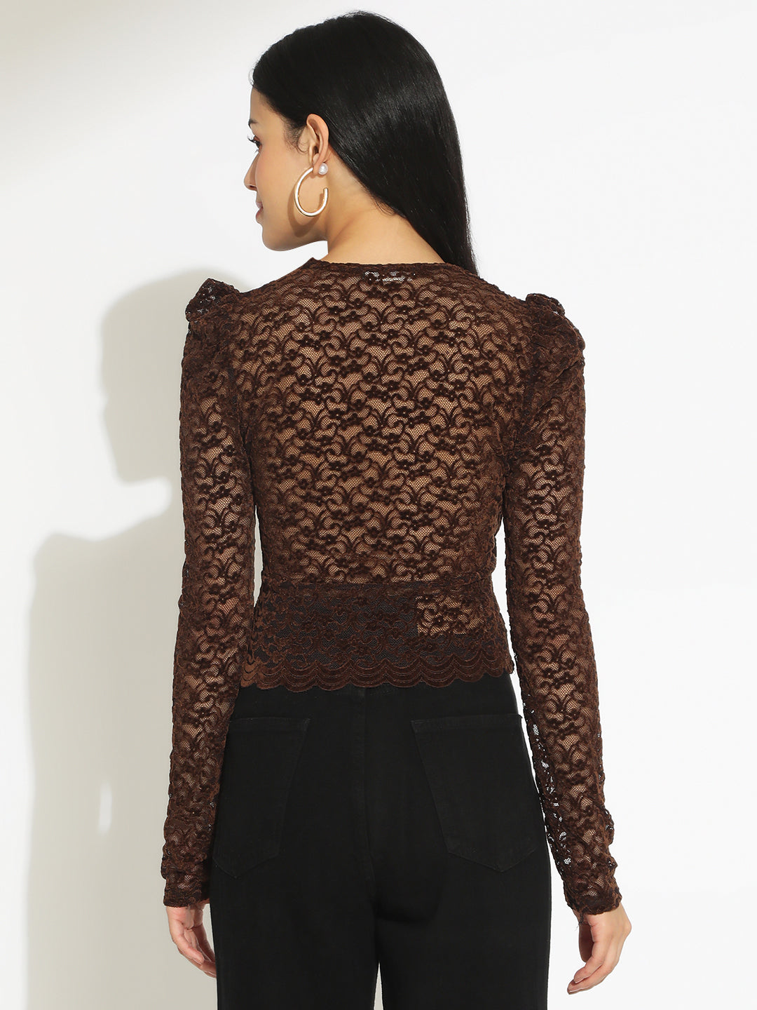 Women's Floral Brown Scallop V-Neck Sheer Lace Fitted Top