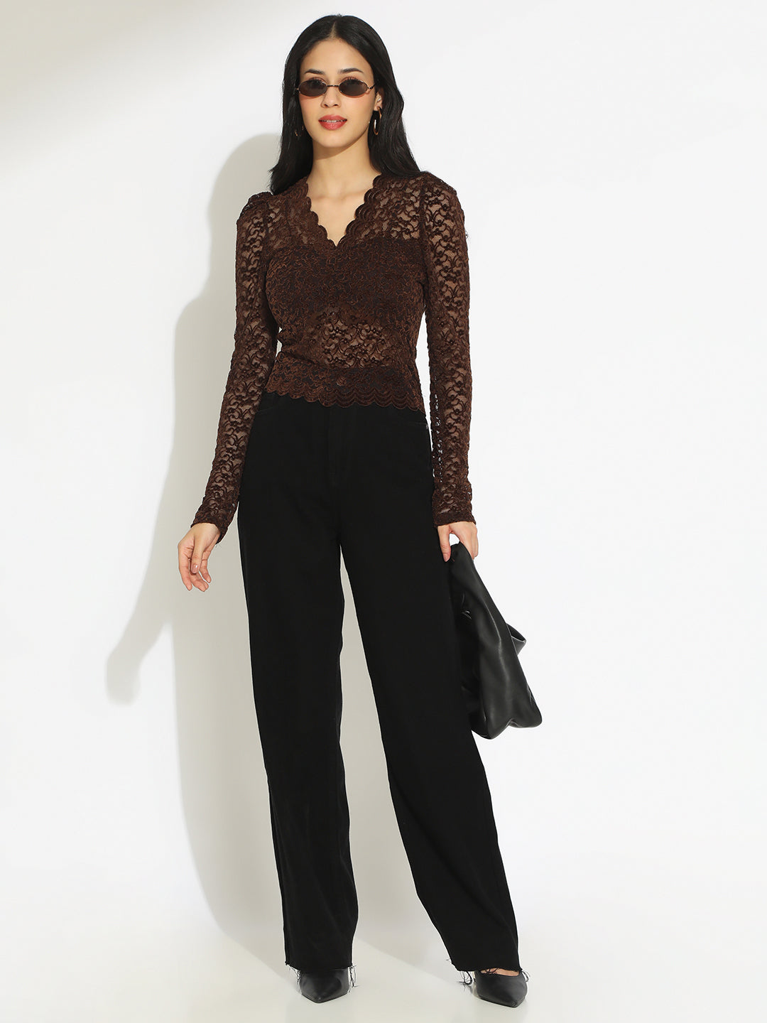 Women's Floral Brown Scallop V-Neck Sheer Lace Fitted Top