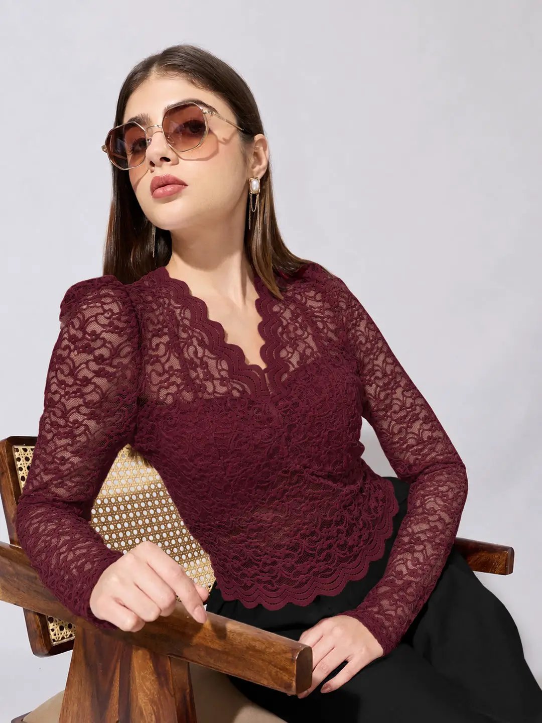 Women's Floral Maroon Scallop V Neck Sheer Lace Fitted Top