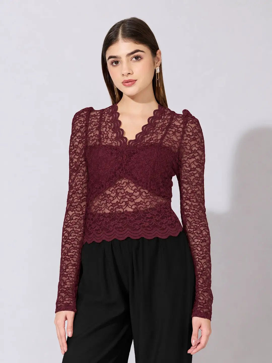 Women's Floral Maroon Scallop V Neck Sheer Lace Fitted Top