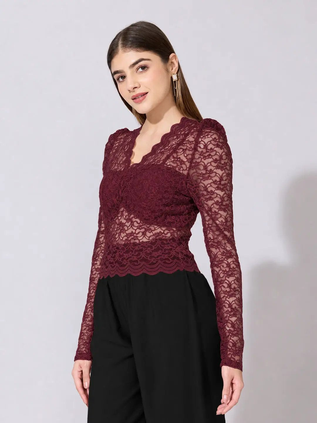 Women's Floral Maroon Scallop V Neck Sheer Lace Fitted Top