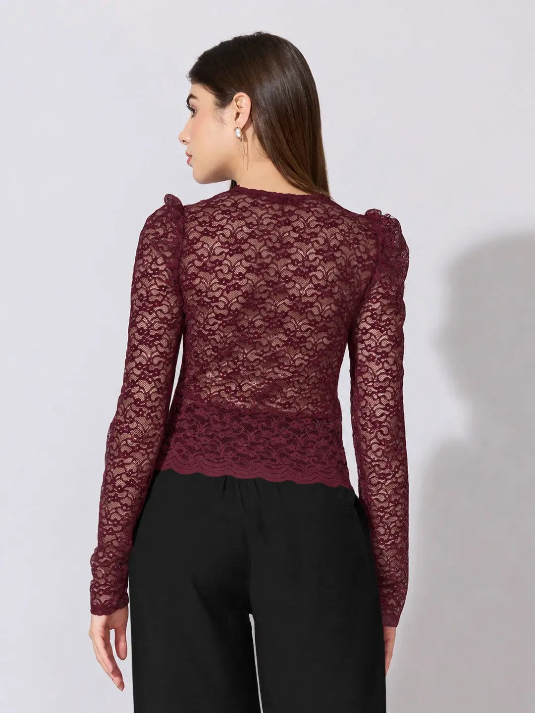 Women's Floral Maroon Scallop V Neck Sheer Lace Fitted Top