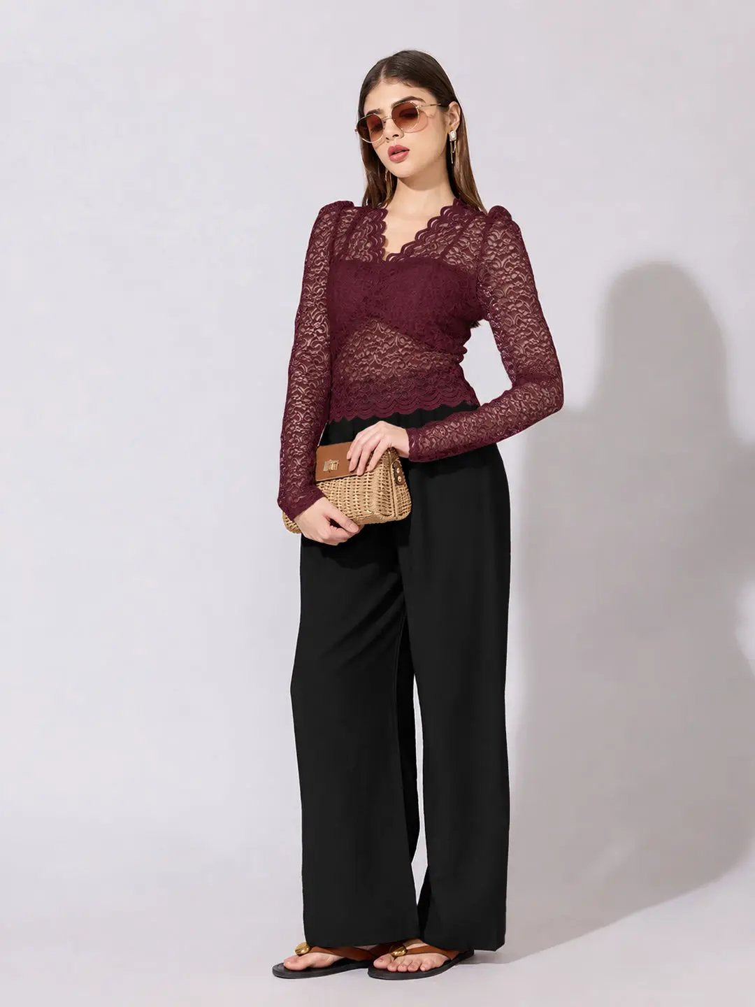 Women's Floral Maroon Scallop V Neck Sheer Lace Fitted Top