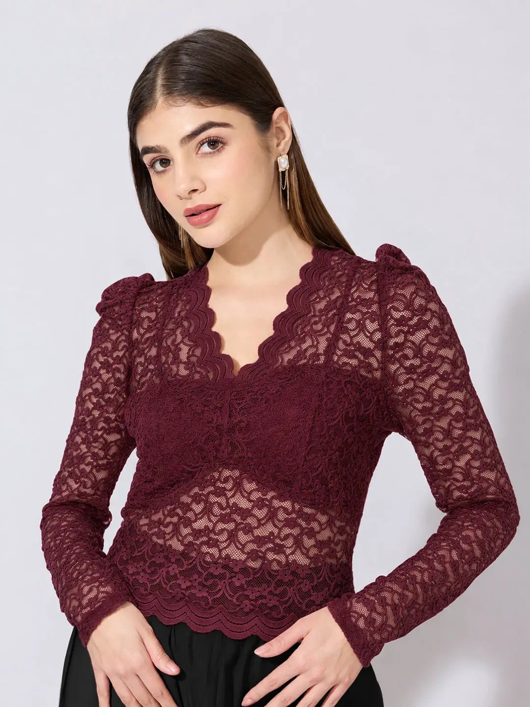 Women's Floral Maroon Scallop V Neck Sheer Lace Fitted Top