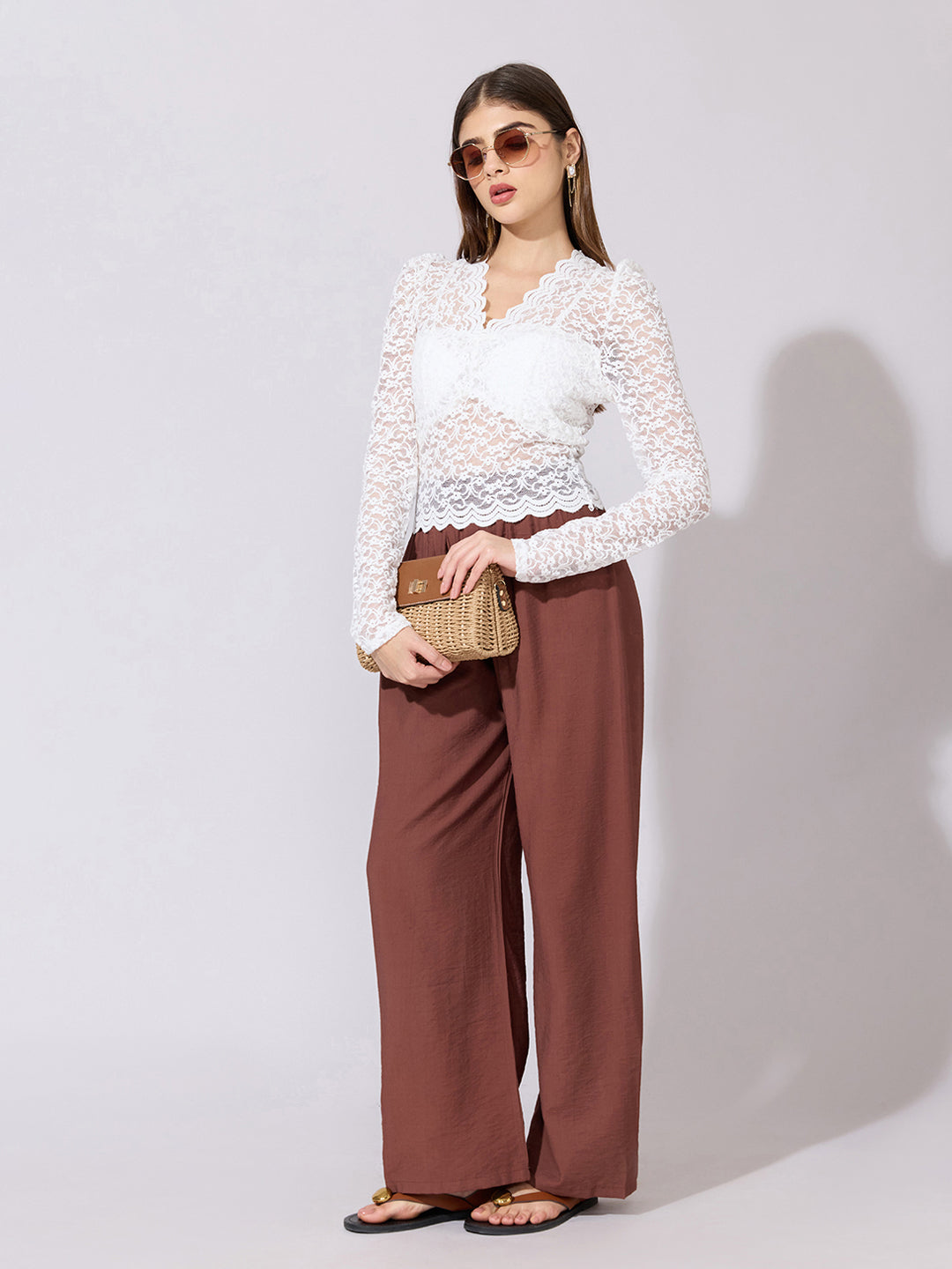 Women's Floral White Scallop V-Neck Sheer Lace Fitted Top