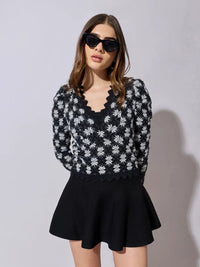 Women's Floral Black Scallop V-Neck Sheer Lace Fitted Top