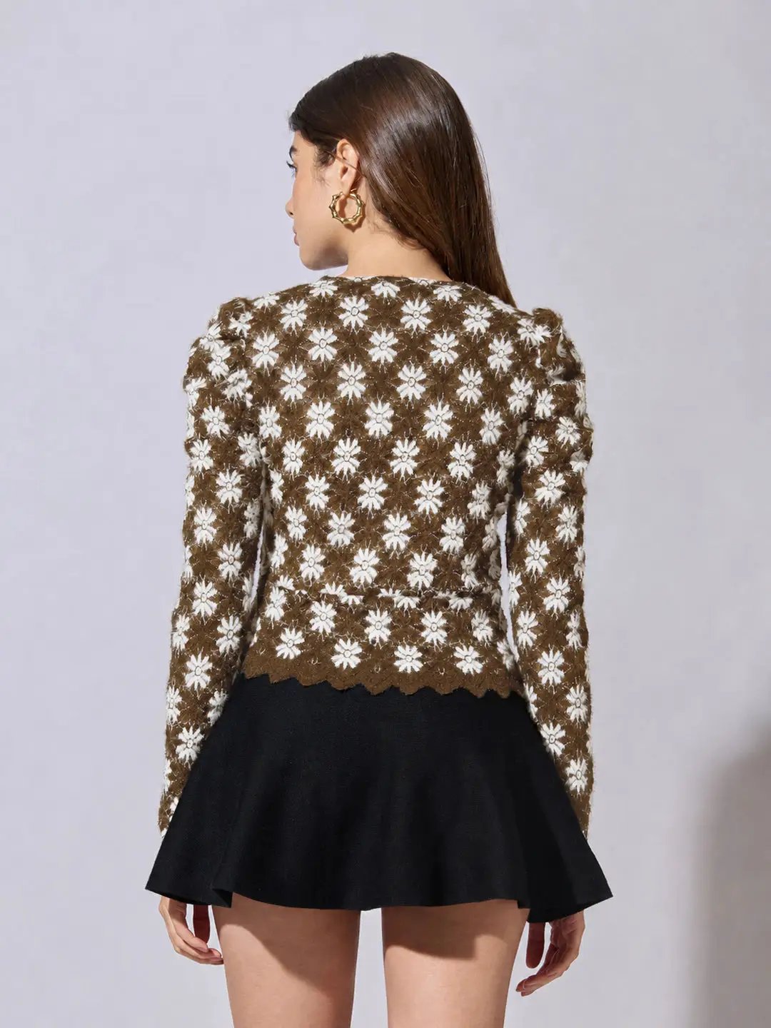 Women's Floral Brown Scallop V-Neck Sheer Lace Fitted Top