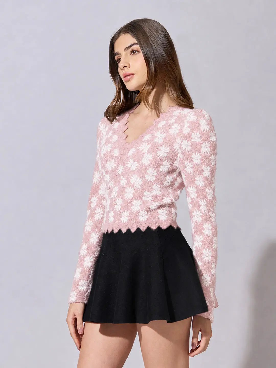 Women's Floral Pink Scallop V-Neck Sheer Lace Fitted Top