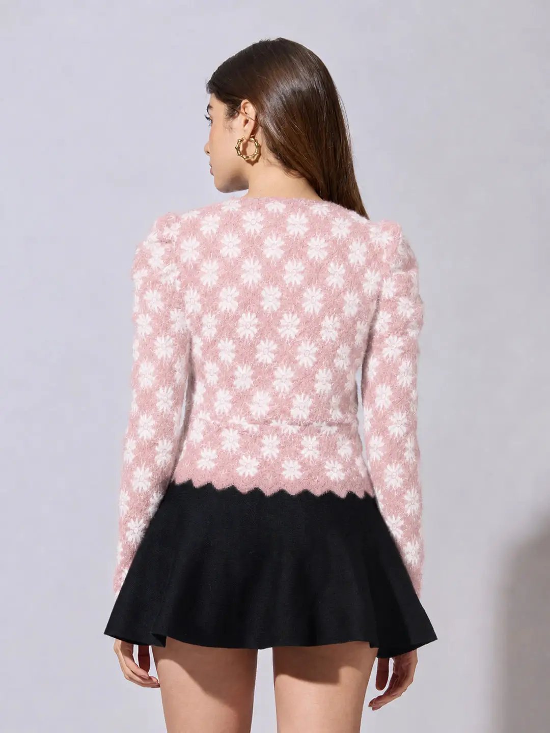 Women's Floral Pink Scallop V-Neck Sheer Lace Fitted Top