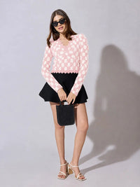 Women's Floral Pink Scallop V-Neck Sheer Lace Fitted Top
