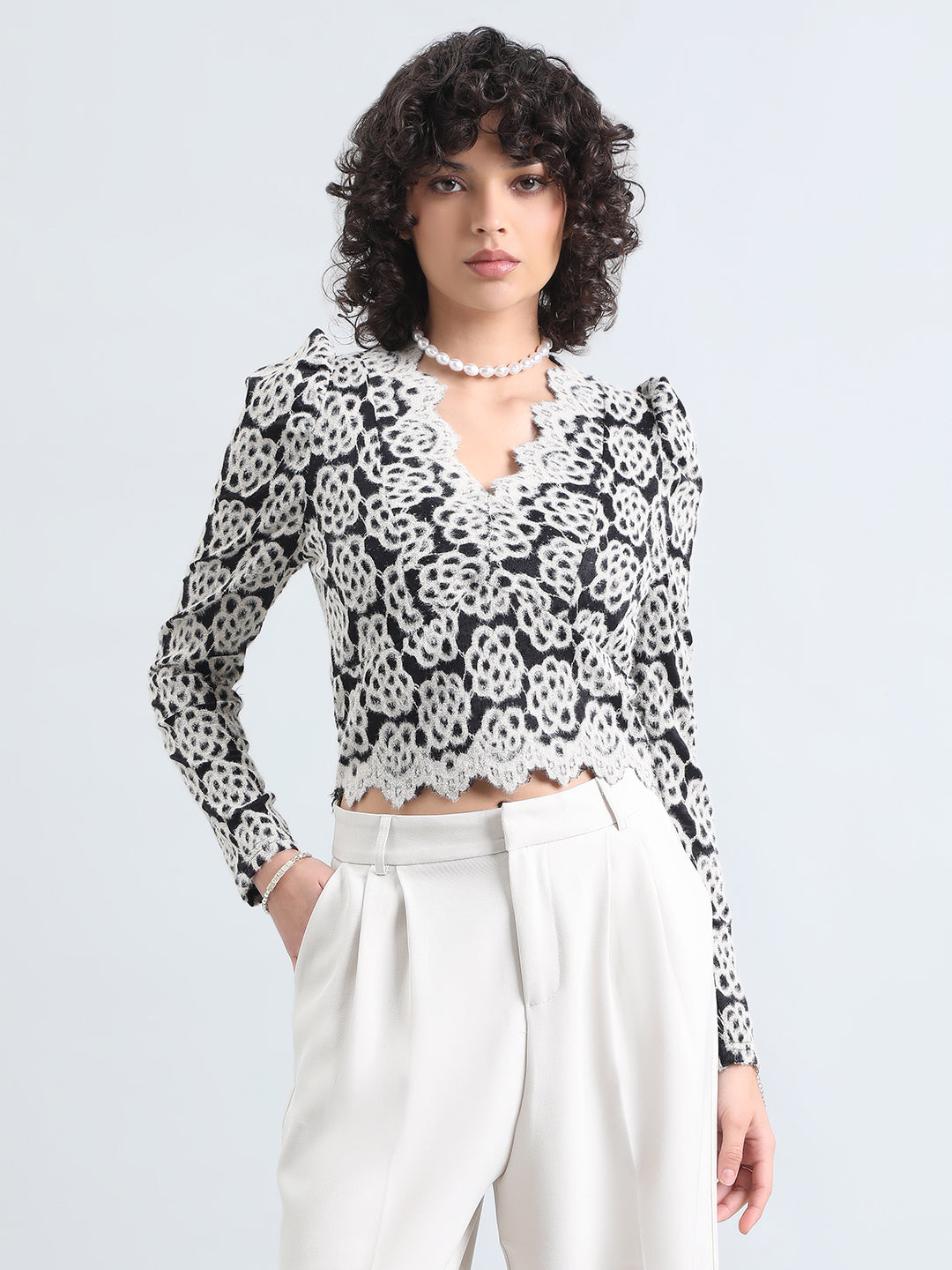 Women's Textured Floral Cream Short Lace Top