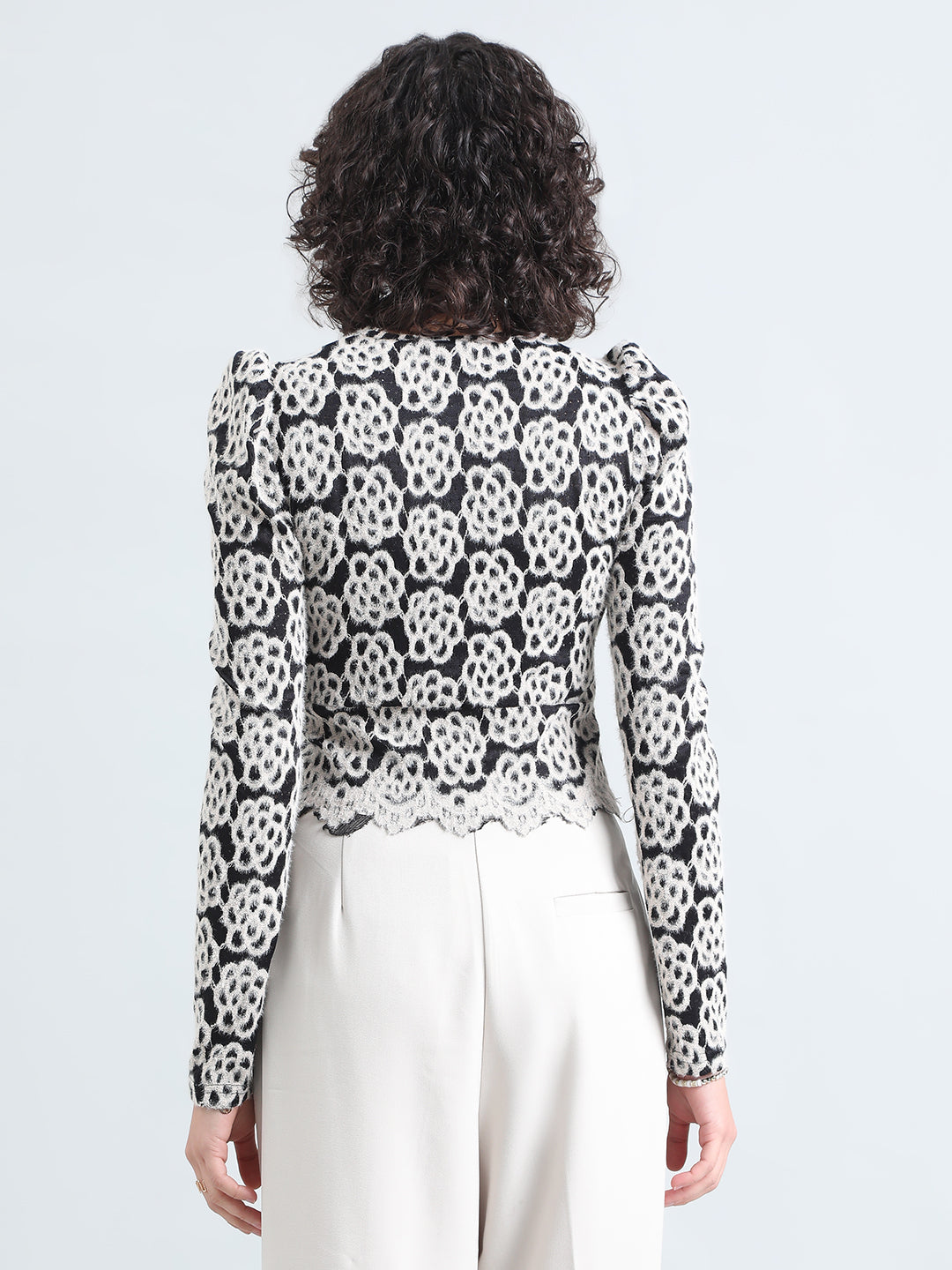 Women's Textured Floral Cream Short Lace Top