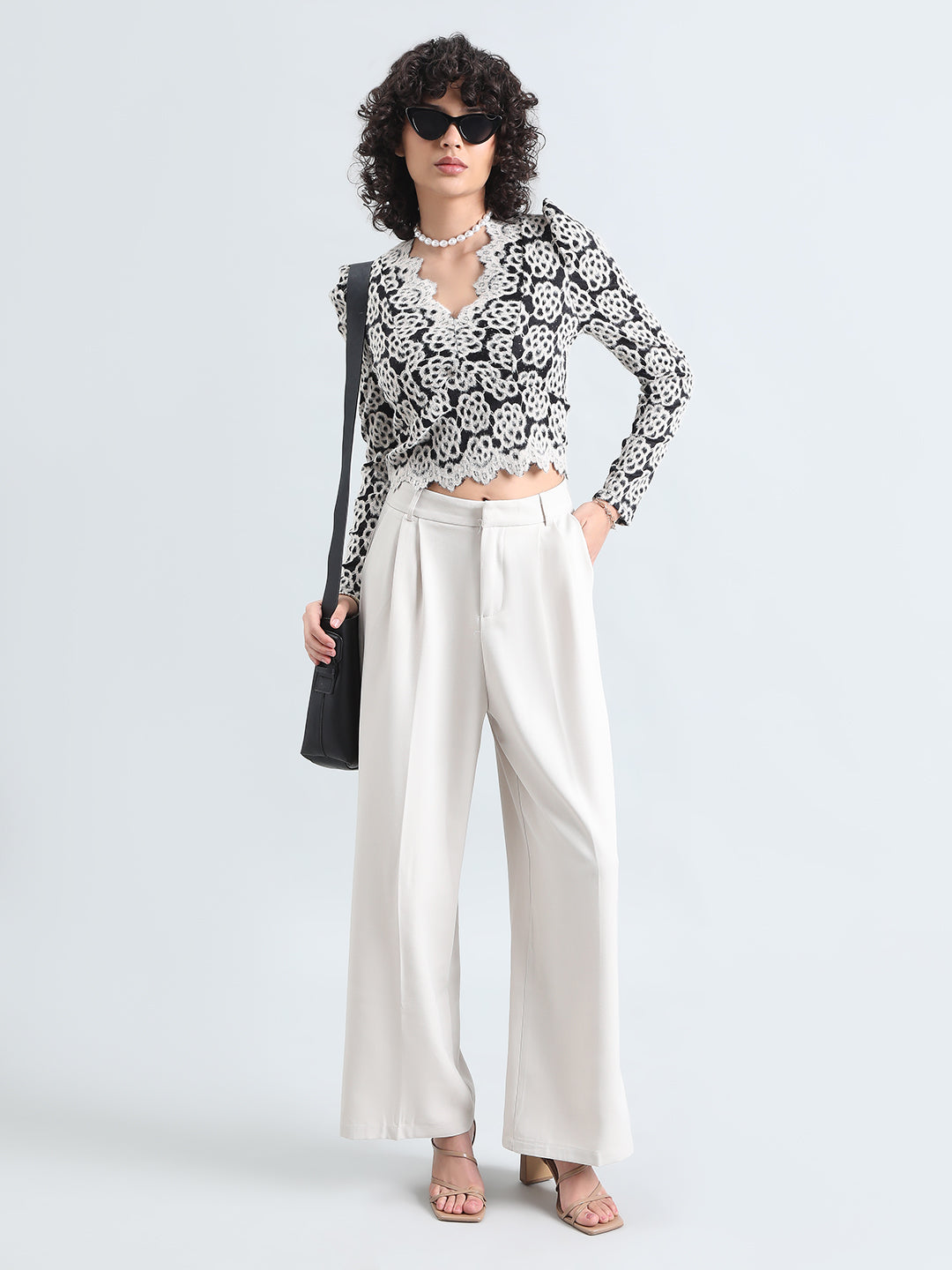 Women's Textured Floral Cream Short Lace Top