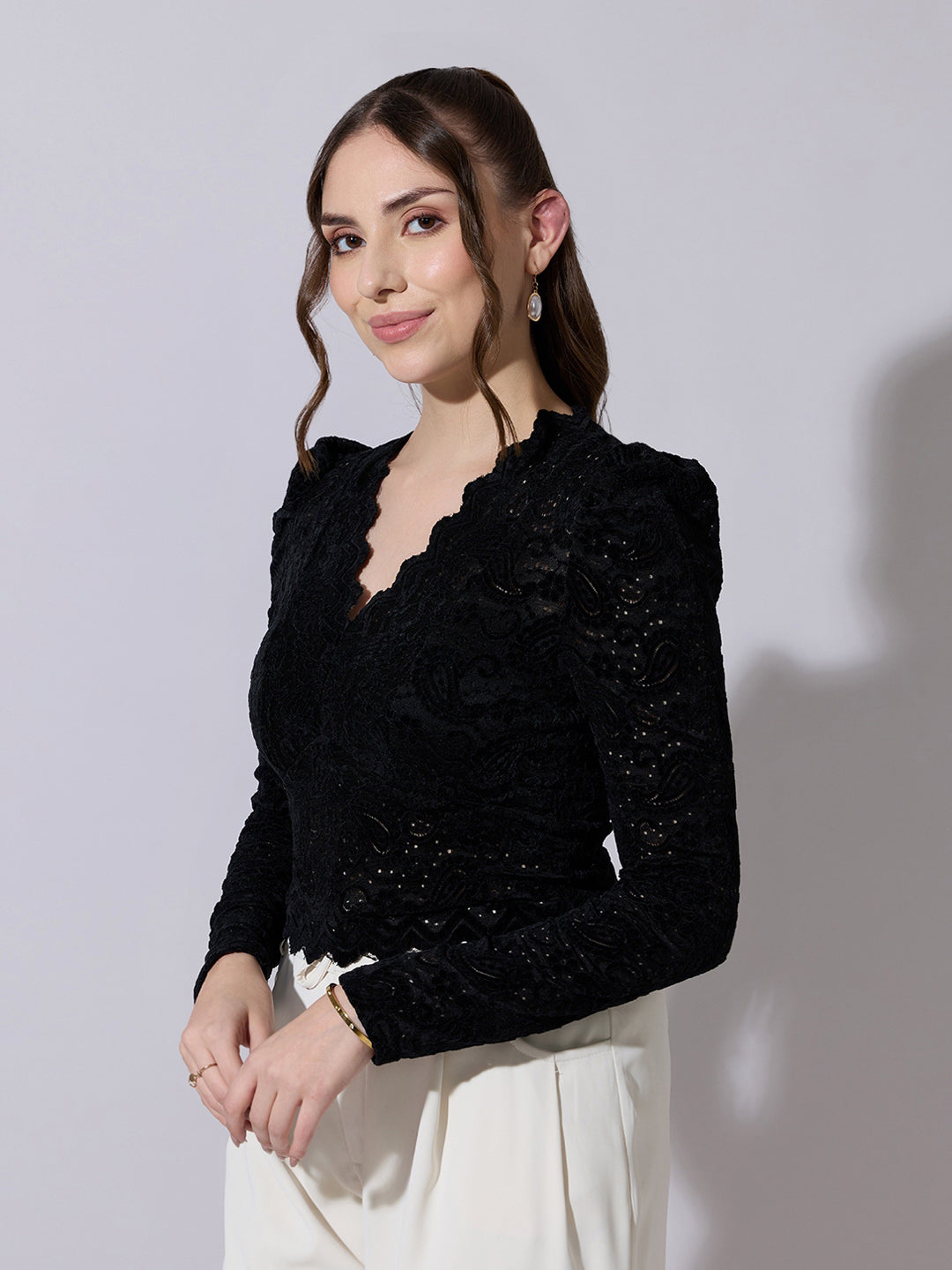 Women's Floral Lace Black V-Neck Crop Top