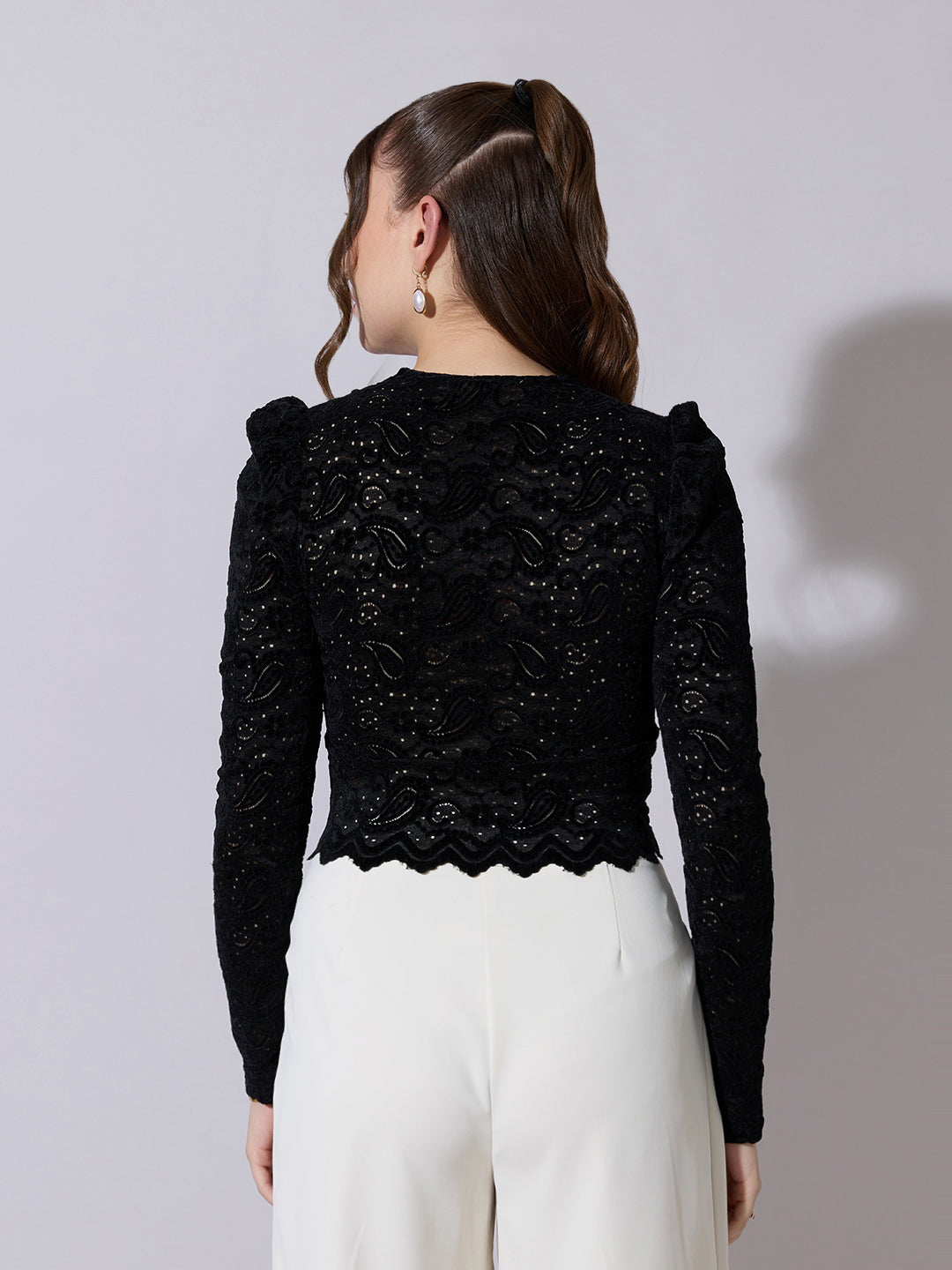 Women's Floral Lace Black V-Neck Crop Top