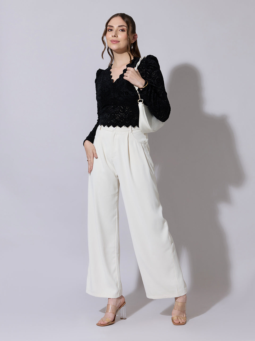 Women's Floral Lace Black V-Neck Crop Top