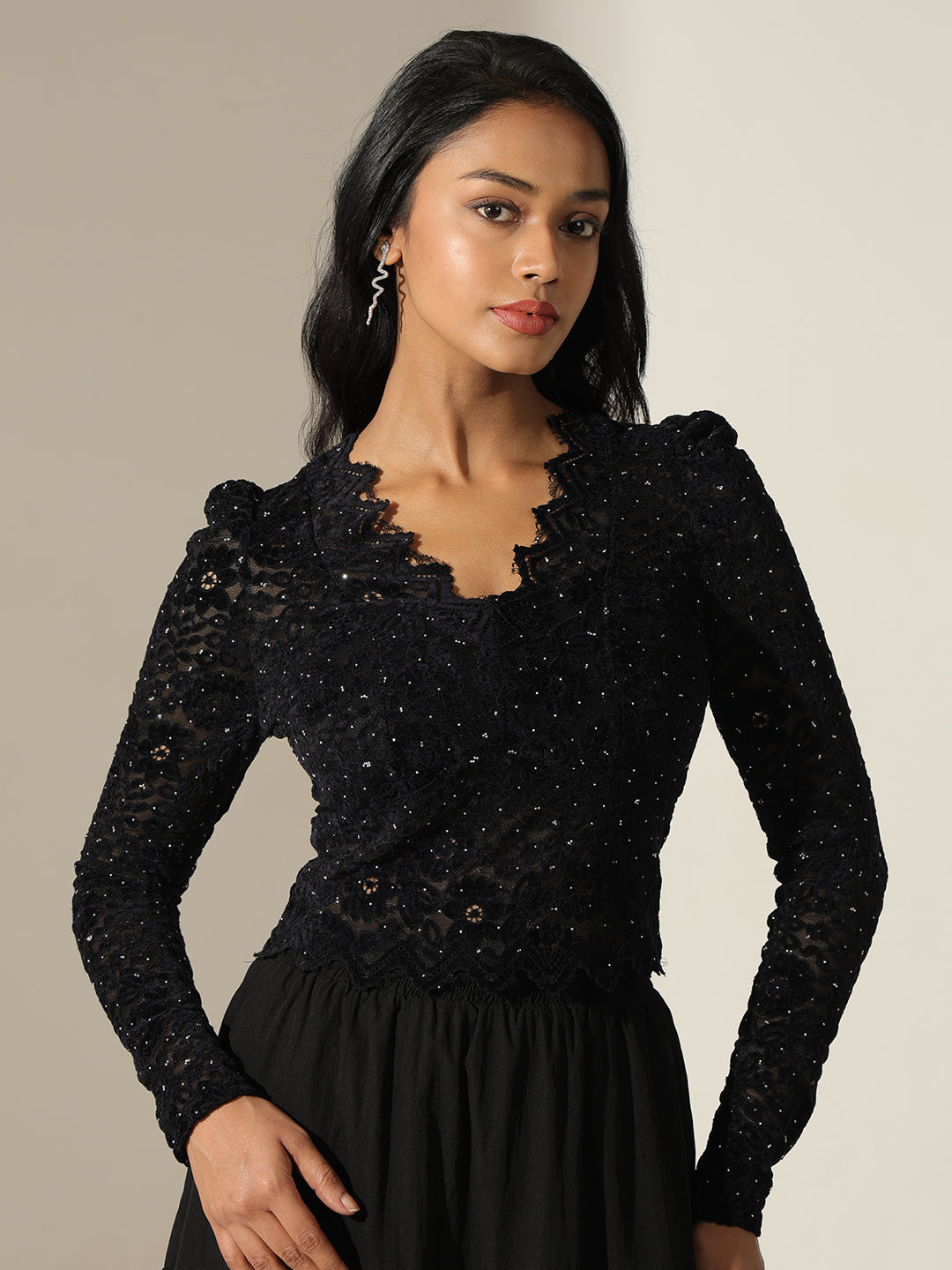 Women's Lace Black Sequin Embellished Long Sleeve Crop Top with Scalloped Hem
