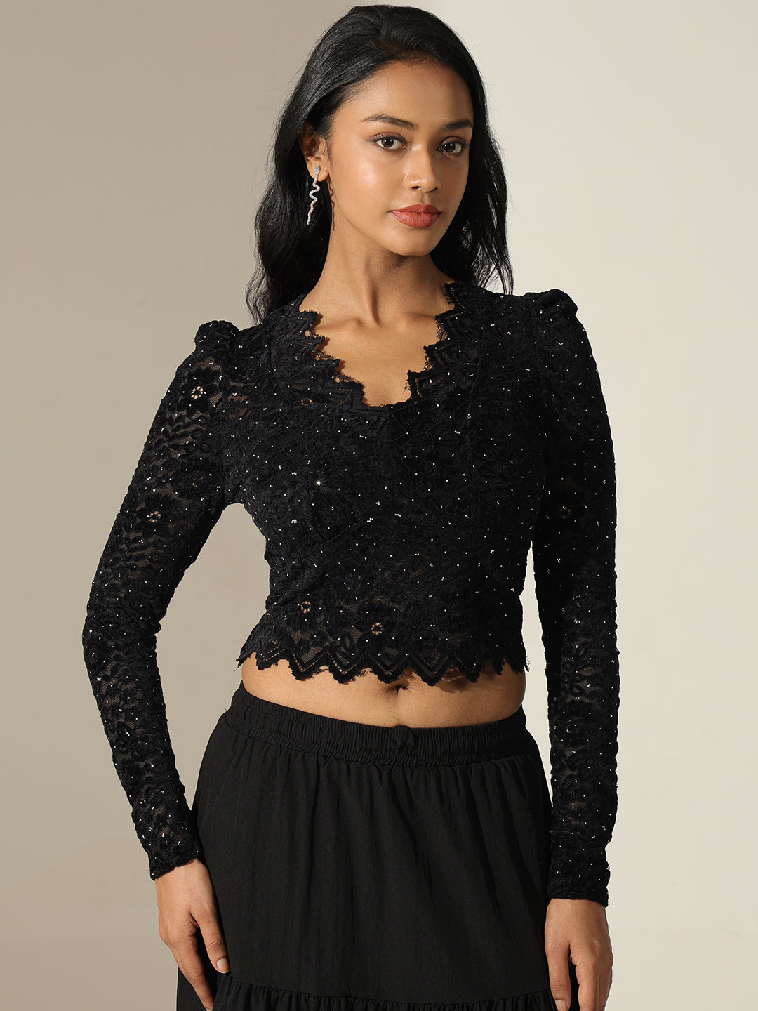 Women's Lace Black Sequin Embellished Long Sleeve Crop Top with Scalloped Hem