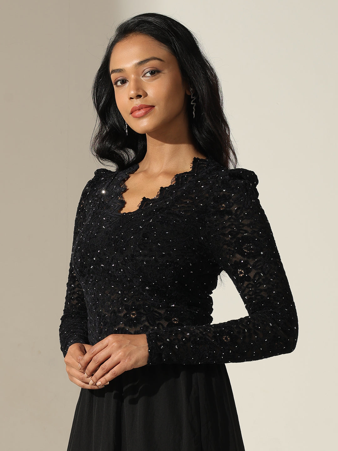 Women's Lace Black Sequin Embellished Long Sleeve Crop Top with Scalloped Hem