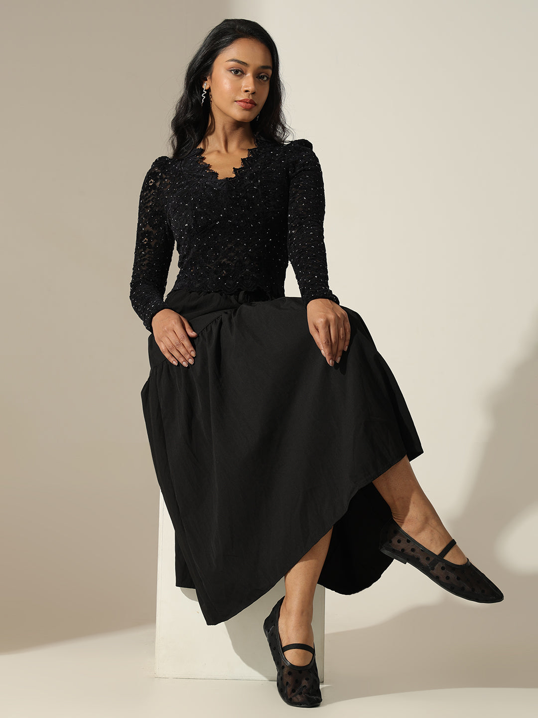 Women's Lace Black Sequin Embellished Long Sleeve Crop Top with Scalloped Hem