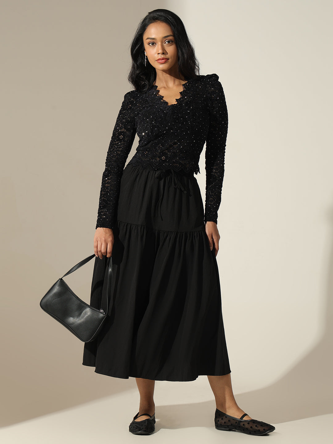 Women's Lace Black Sequin Embellished Long Sleeve Crop Top with Scalloped Hem