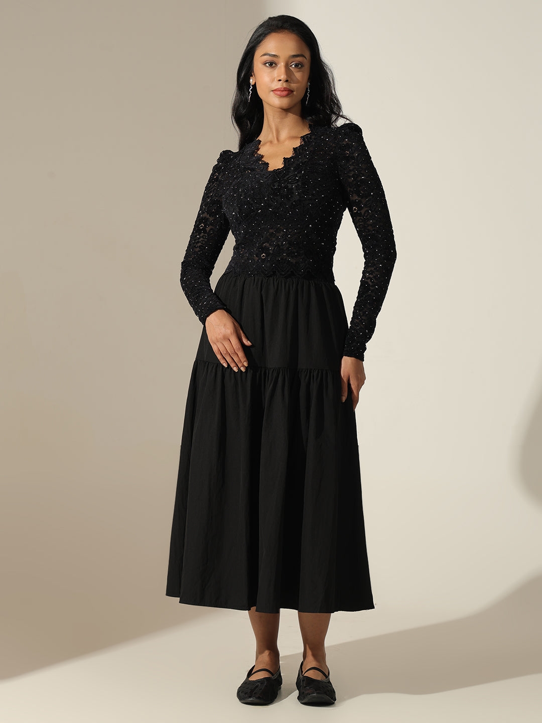 Women's Lace Black Sequin Embellished Long Sleeve Crop Top with Scalloped Hem