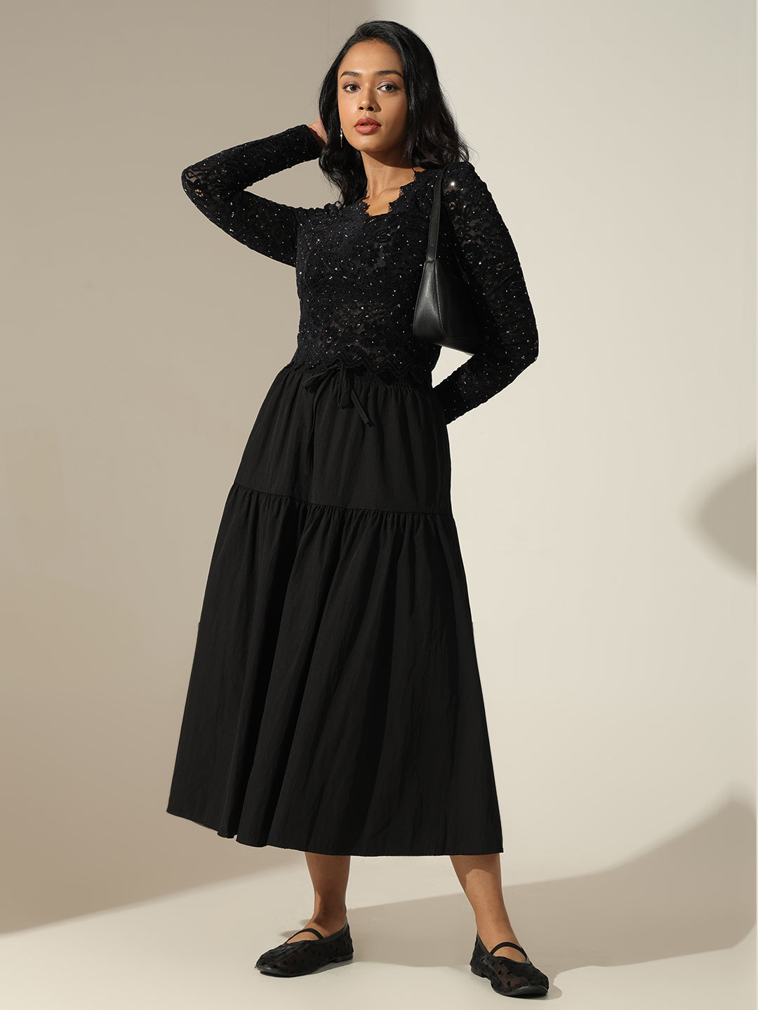 Women's Lace Black Sequin Embellished Long Sleeve Crop Top with Scalloped Hem