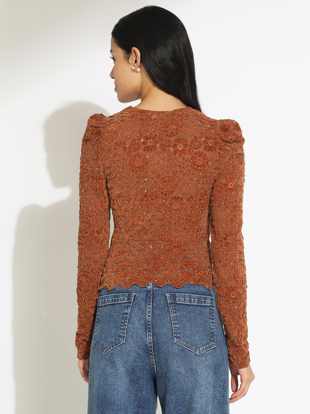 Women's Floral Brown Scallop V-Neck Sheer Embellished Fitted Top